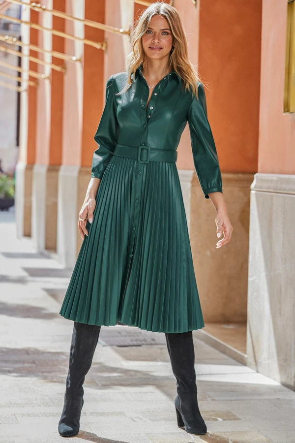 Dark Green Faux Leather Pleated Midi Dress 6 Dark Green Faux Leather Pleated Midi Dress - Image 4