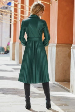 Dark Green Faux Leather Pleated Midi Dress 12 Dark Green Faux Leather Pleated Midi Dress -SOSANDAR Sales web rt06 s3dp004gn0015 083