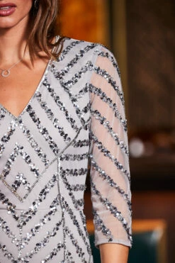 Grey & Silver Luxe Embellished Mesh Sleeve Dress 14 Grey & Silver Luxe Embellished Mesh Sleeve Dress -SOSANDAR Sales web rt 105 a22dw024gunm01 125