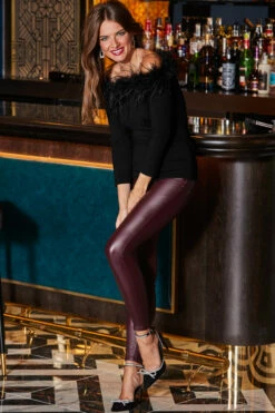 Black Feather Trim Bardot Jersey Top -SOSANDAR Sales web rt 116 a22tj061bk0001 a19bd003rd0010 045