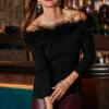 Black Feather Trim Bardot Jersey Top -SOSANDAR Sales web rt 116 a22tj061bk0001 a19bd003rd0010 068