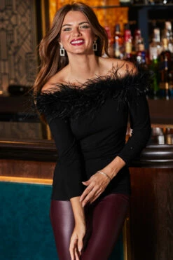 Black Feather Trim Bardot Jersey Top