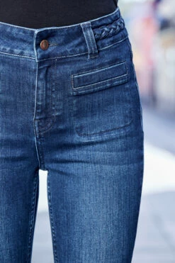 Indigo Blue Braid-Detail Kick Flare Jeans -SOSANDAR Sales web rt 12 s23tw063cr0001 s23bd014io003w 404