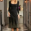 Black Metallic Detail Square Neck Fit & Flare Dress -SOSANDAR Sales web rt 158 a22dk510bk0001 011