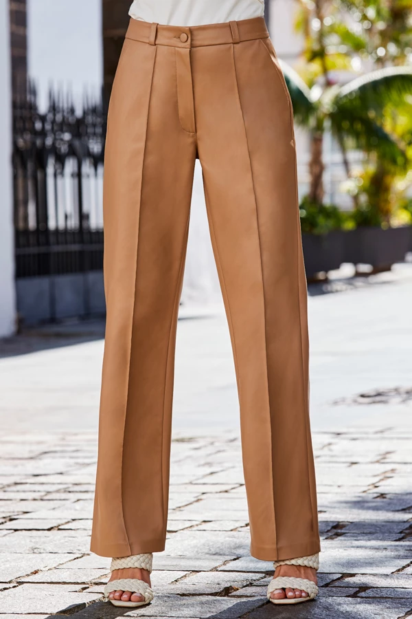 Tan Faux Leather Wide Leg Trousers 4 Tan Faux Leather Wide Leg Trousers - Image 3