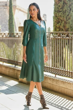 Emerald Green Zip Front Faux Leather Midi Dress