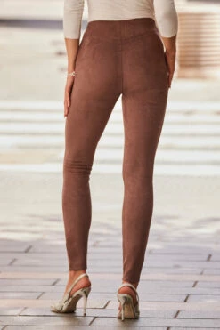 Taupe Faux Suede Seam Detail Premium Leggings -SOSANDAR Sales web rt 82 a22ow062nl0006 609