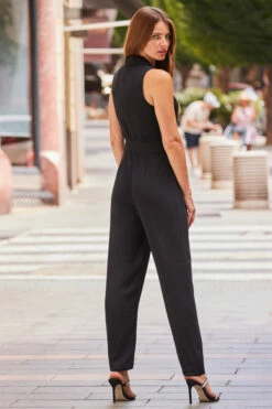 Black Tuxedo Wrap Front Belted Jumpsuit With Pockets 10 Black Tuxedo Wrap Front Belted Jumpsuit With Pockets -SOSANDAR Sales web rt 83 a22jw004bk0001 146