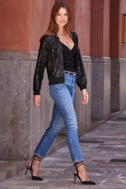 Black Sequin Bomber Jacket -SOSANDAR Sales web rt 91 s22ow023bk0001 227