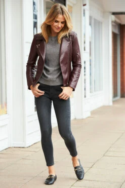Burgundy Leather Biker Jacket -SOSANDAR Sales web sa17or02rd 5815541