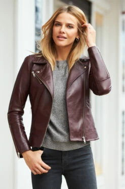 Burgundy Leather Biker Jacket -SOSANDAR Sales web sa17or02rd 5815942