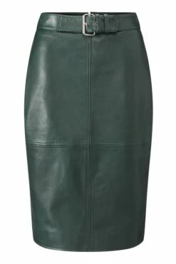 Dark Green Leather Buckle Detail Pencil Skirt -SOSANDAR Sales web sa18st06 dark green leather buckle detail skirt