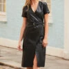 Black Luxury Leather Belted Wrap Dress -SOSANDAR Sales web sosander pembridge square day2 317192902